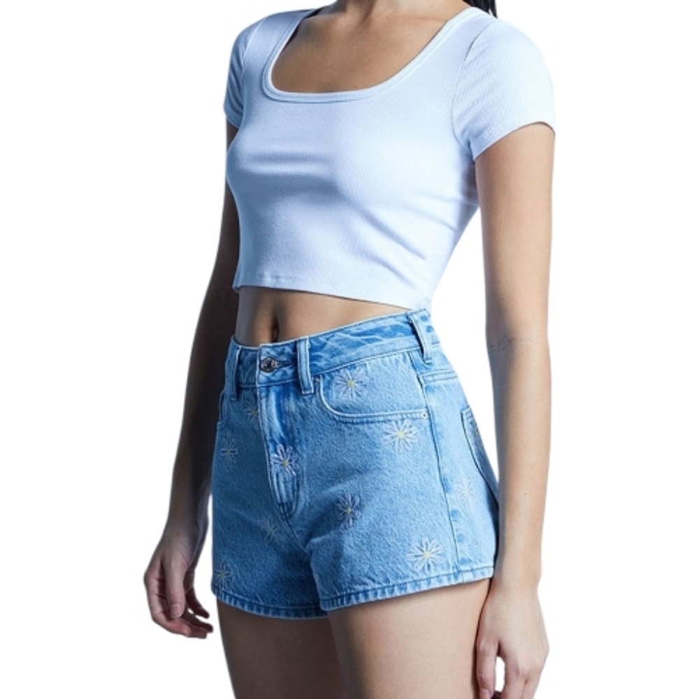 PACSUN embroidered eco‎ daisy medium indigo denim mom short 26